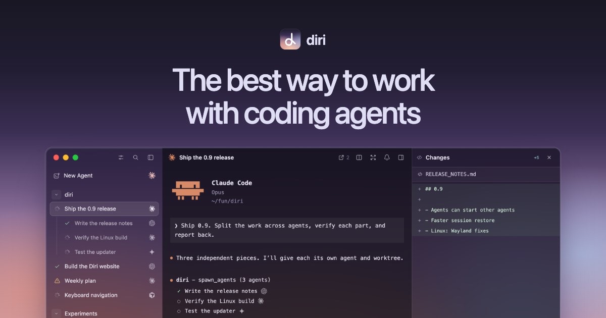diri:左边项目、中间 agent 会话、右边 changes,截图里一行是 diri - spawn_agents (3 agents)