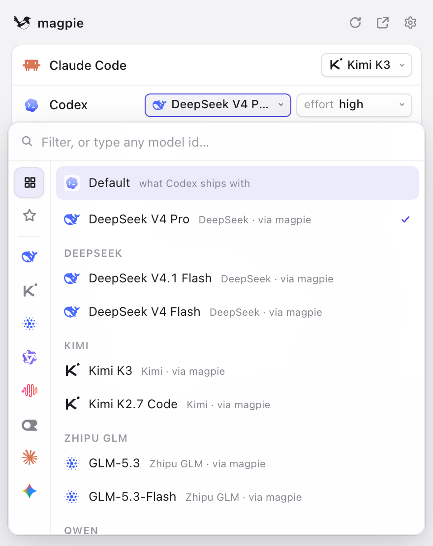 magpie 的模型选择器:左边是 Claude Code 和 Codex,右边是 DeepSeek、Kimi、GLM、Qwen 的模型列表