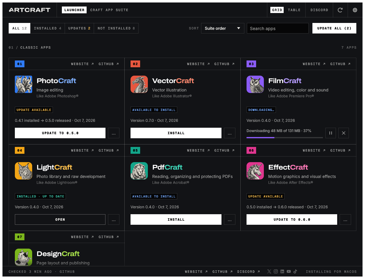 artcraft-launcher — 在 macOS 的 grid 视图里,每个 Craft 应用一张卡,显示图标、状态、版本号、发布日期和 Install/Open 按钮